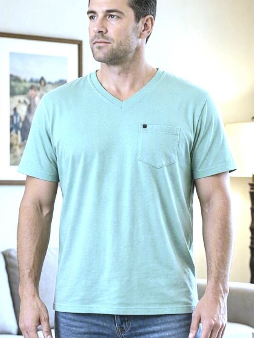 Free Planet 100% Cotton Short Sleeve V-Neck Pocket T-Shirt in Aqua - XL